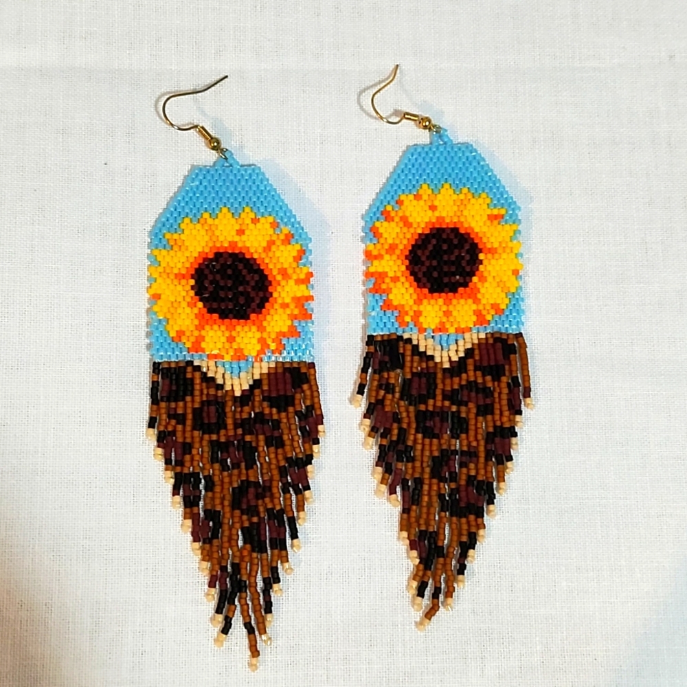 Handmade beaded Sunflower/Animal print earrings with fringe